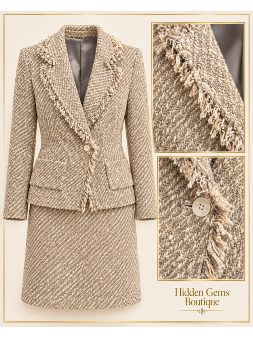 Women's Anne Klein Tweed Skirt Suit Size 6 Beige White Fringe Trim - Picture 2 of 8